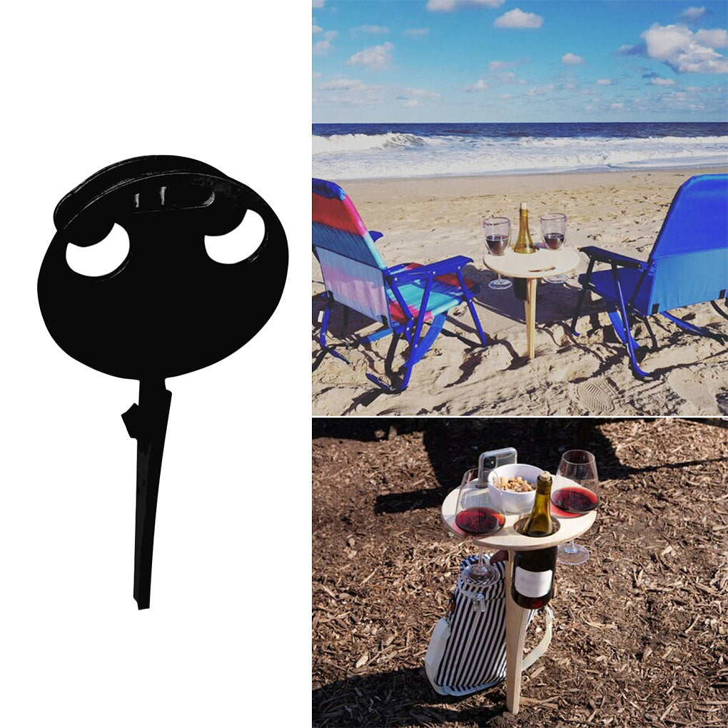 1111Fourone Wine Table Outdoor Wood Glass Table Portable Foldable Picnic Can Opener Desk for Beach， Black