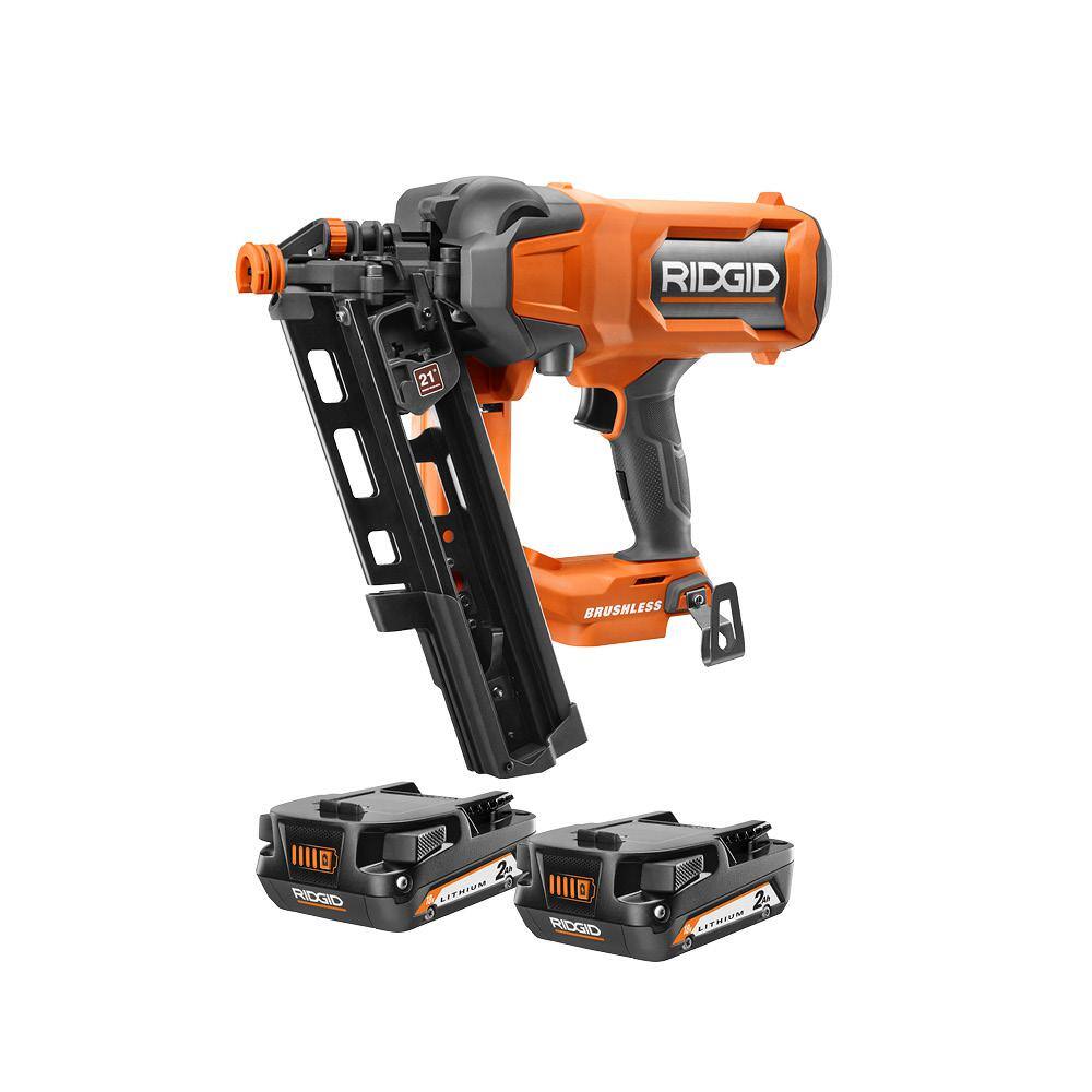 RIDGID 18V Lithium-Ion Brushless Cordless 21 3-12 in. Framing Nailer with 18V Compact Lithium-Ion 2.0 Ah Battery 2-Pack R09894B-AC8400802P