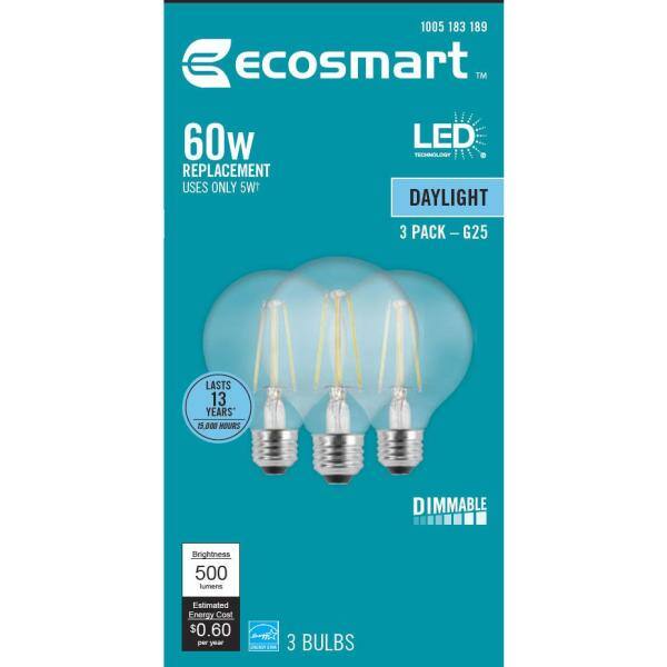 EcoSmart 60-Watt Equivalent G25 Globe Dimmable ENERGY STAR Clear Glass Filament LED Vintage Edison Light Bulb Daylight (3-Pack) FG-03394