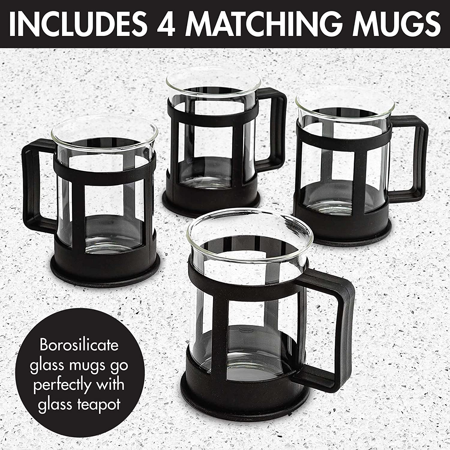 Primula Half Moon Teapot Set with 4 Tea Cups, Removable Stainless Steel Filter and Infuser, Glass Tea Maker, Filter, Dishwasher Safe, 40-Ounce, Tea Gift Set, Tea Set for Service of 4 Adults