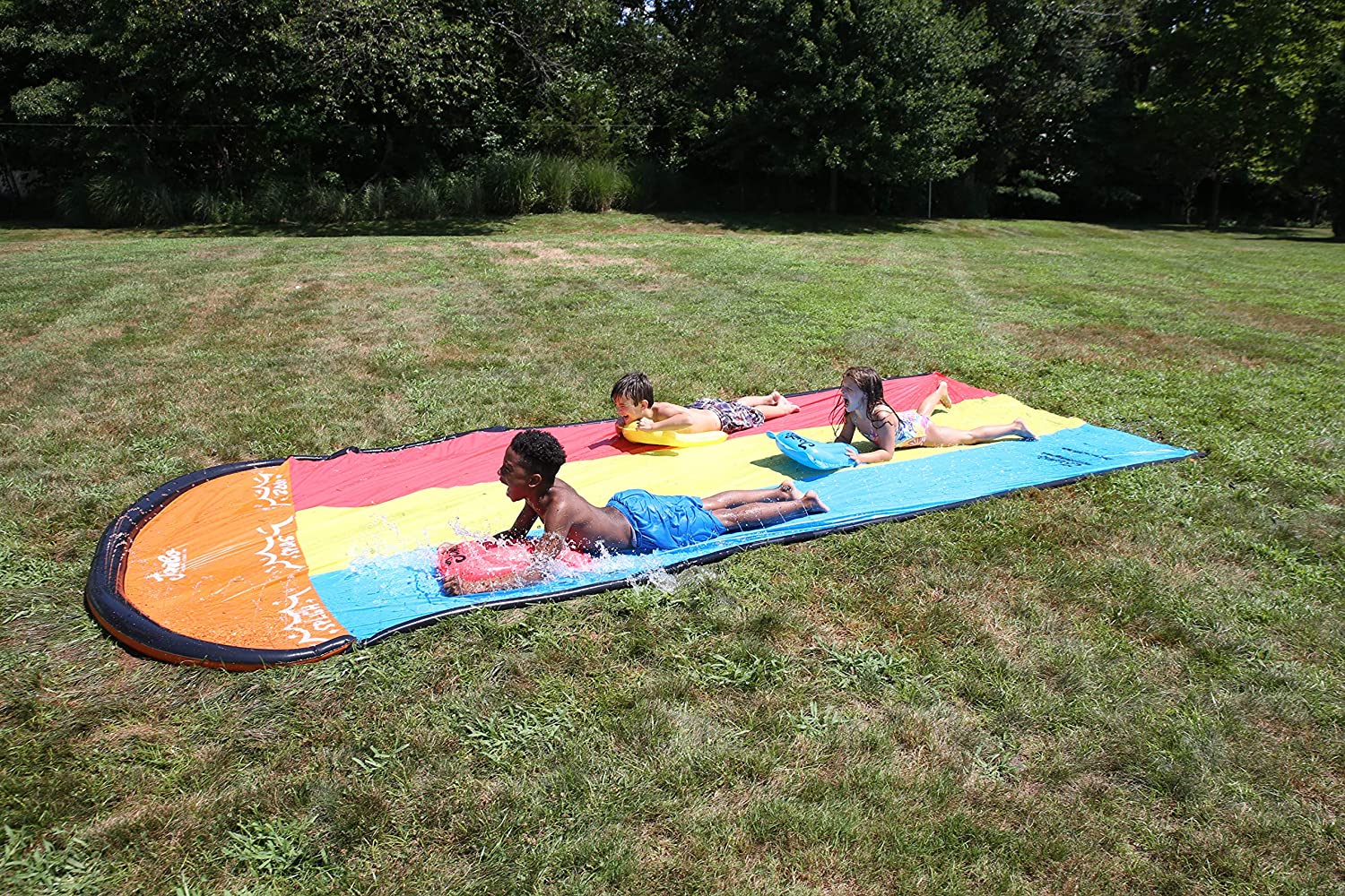 Intera Triple Lane Slip, Splash and Slide for Backyards | Water Splash Slide Waterslide with 3 Boogie Boards | 16 Foot Three Sliding Racing Lanes with Sprinklers | Durable Quality PVC Construction