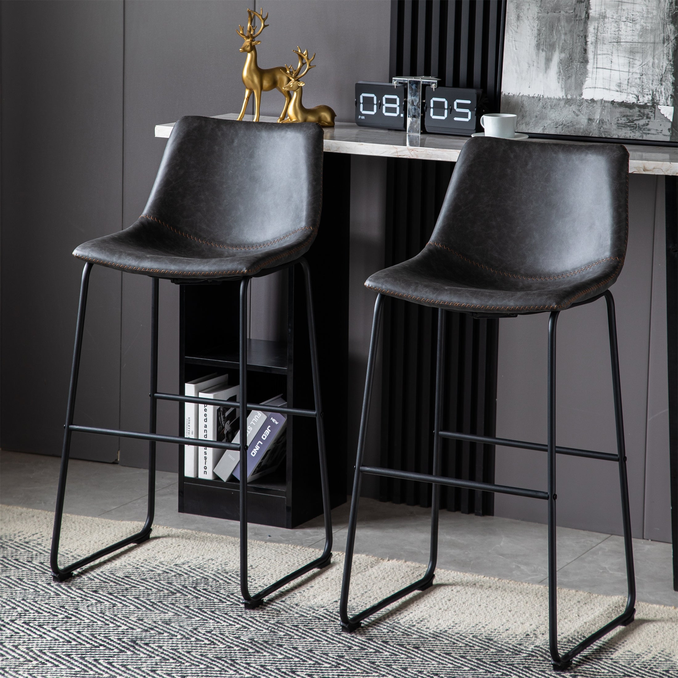 Wide Modern Faux Leather Counter Stool with Metal Legs(Set of 2)