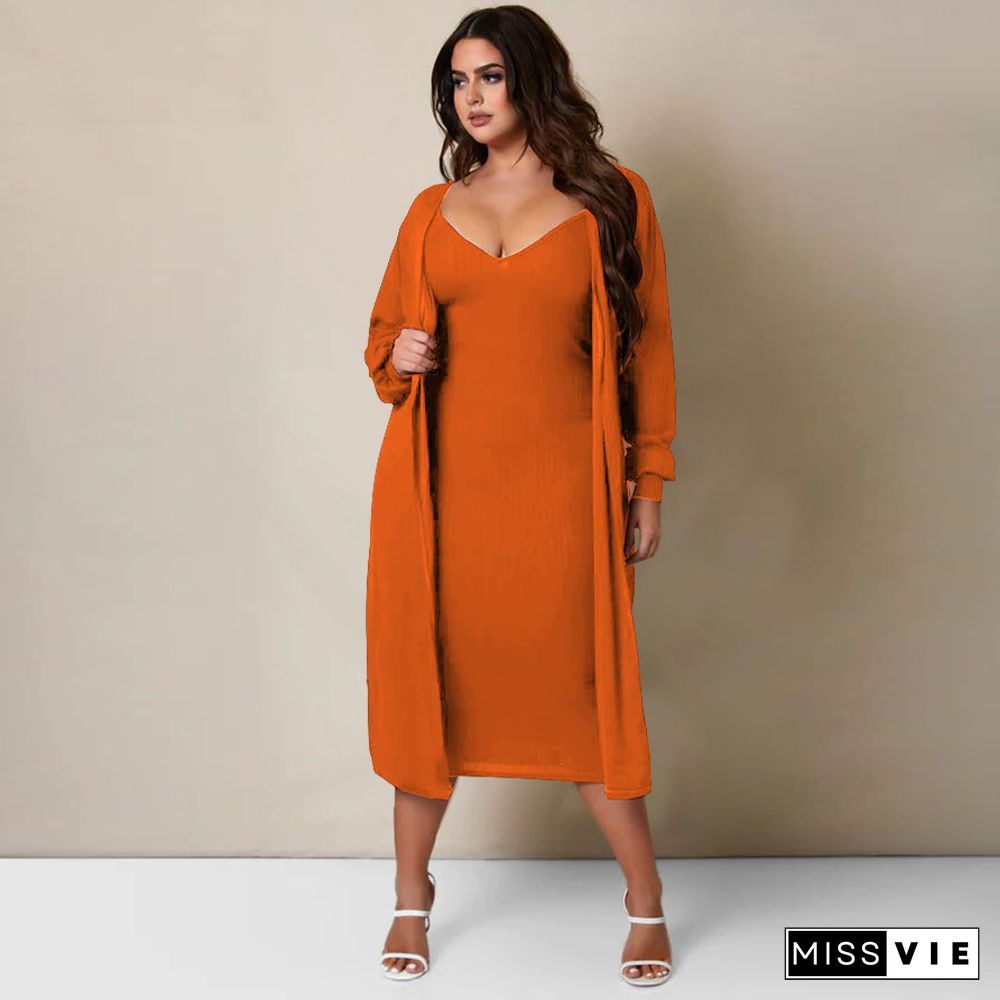 Long Sleeve Loose Long Cardigan Midi Dress Sets