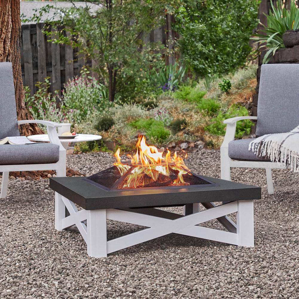 Real Flame Austin 34 in. x 11 in. Square Iron Wood-Burning Fire Pit Table in White with Black Top 350-WHT