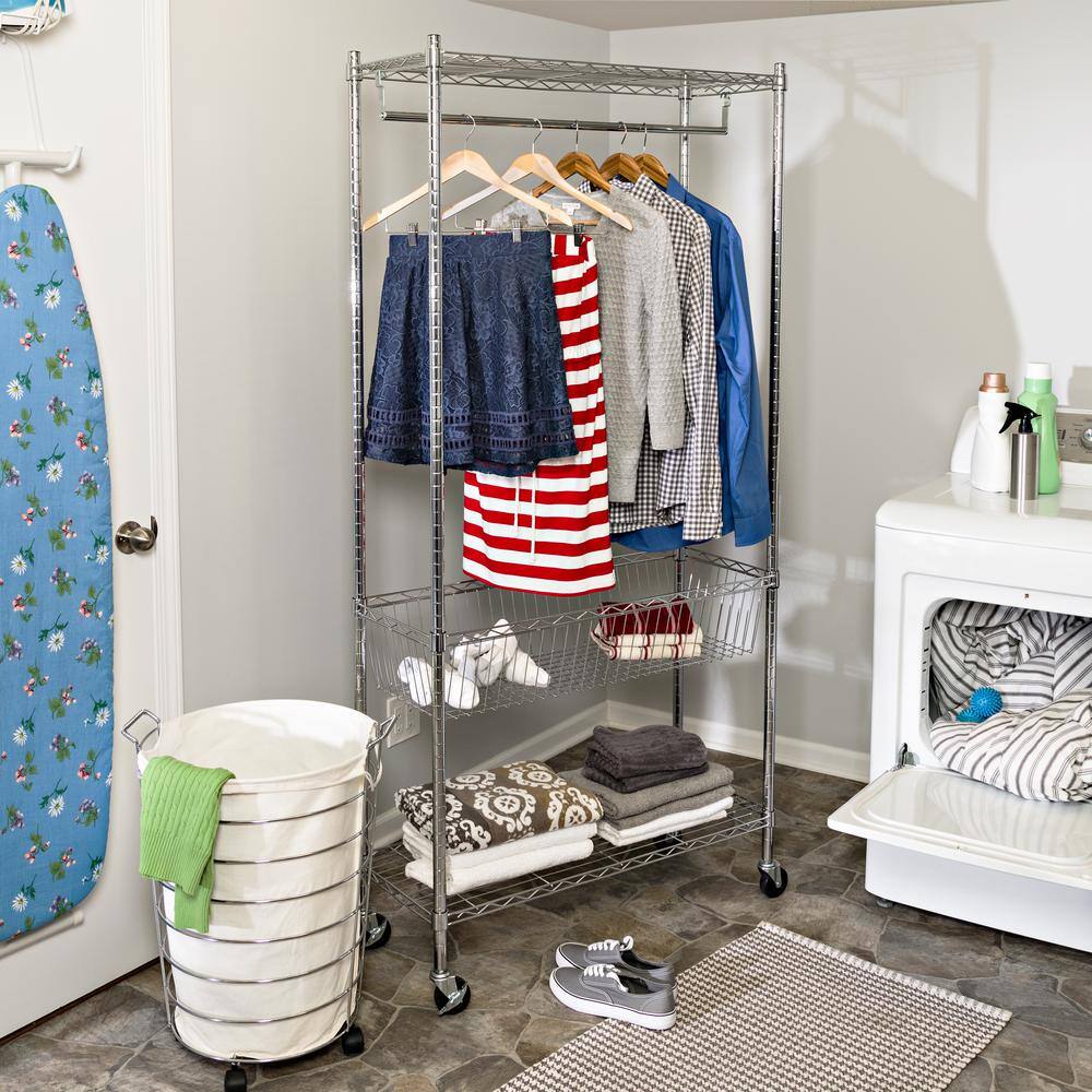 Honey-Can-Do Rolling Laundry Clothes Rack with Shelves Chrome SHF-04272