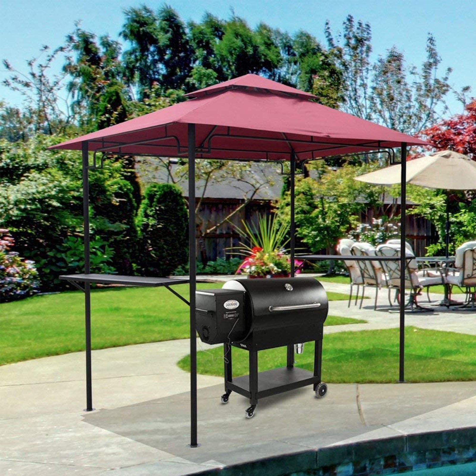 Grill Gazebo 8 x 5 Double Tiered Outdoor BBQ Grill Patio Canopy, Backyard Barbeque Tent with Extra Shelves, Red