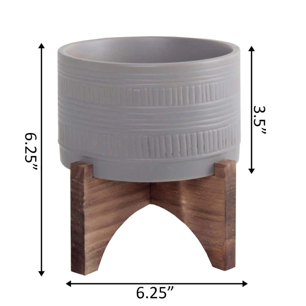 Flora Bunda Mid-Century 5 in. Matte Grey Pueblo Ceramic Pot with Wood Stand Planter CT503E-MTGY