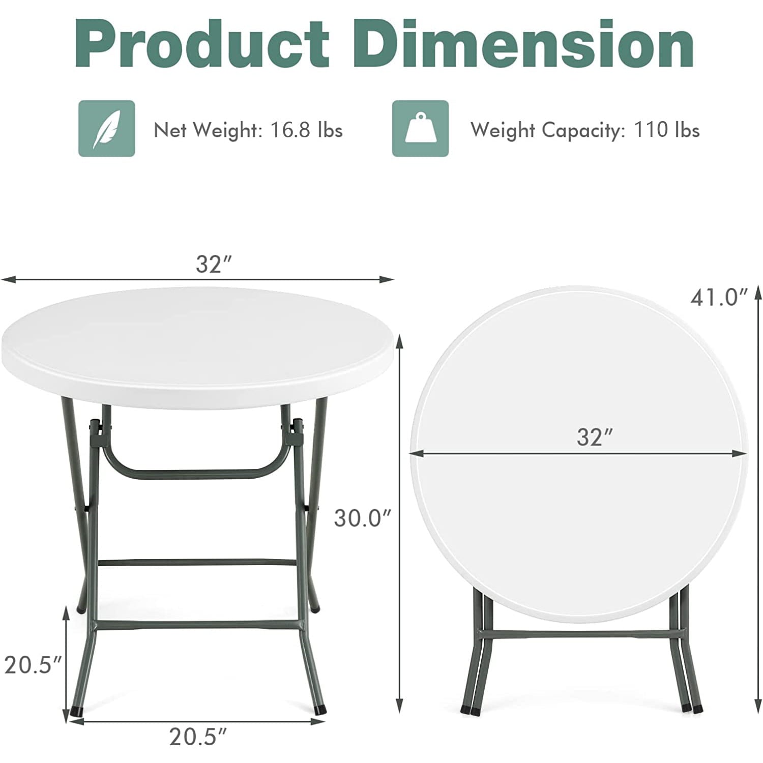 SUGIFT 32" Round Folding Table, White