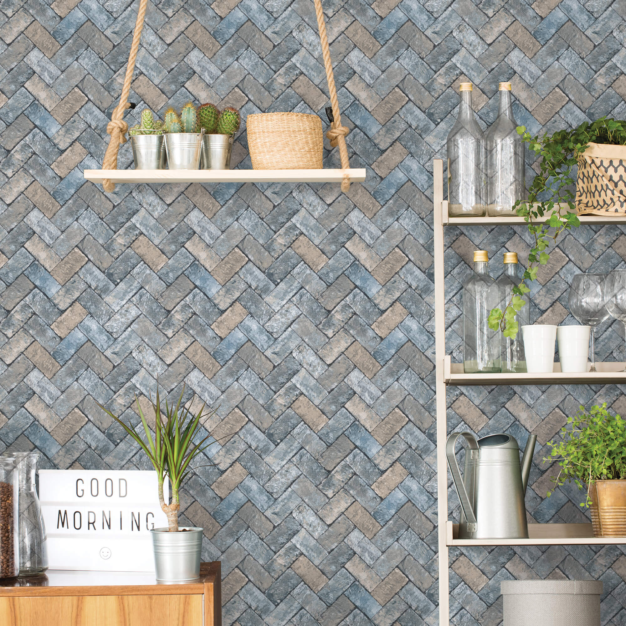 Herringbone Brick Blues/Taupe Wallpaper from the Just Kitchens Collection