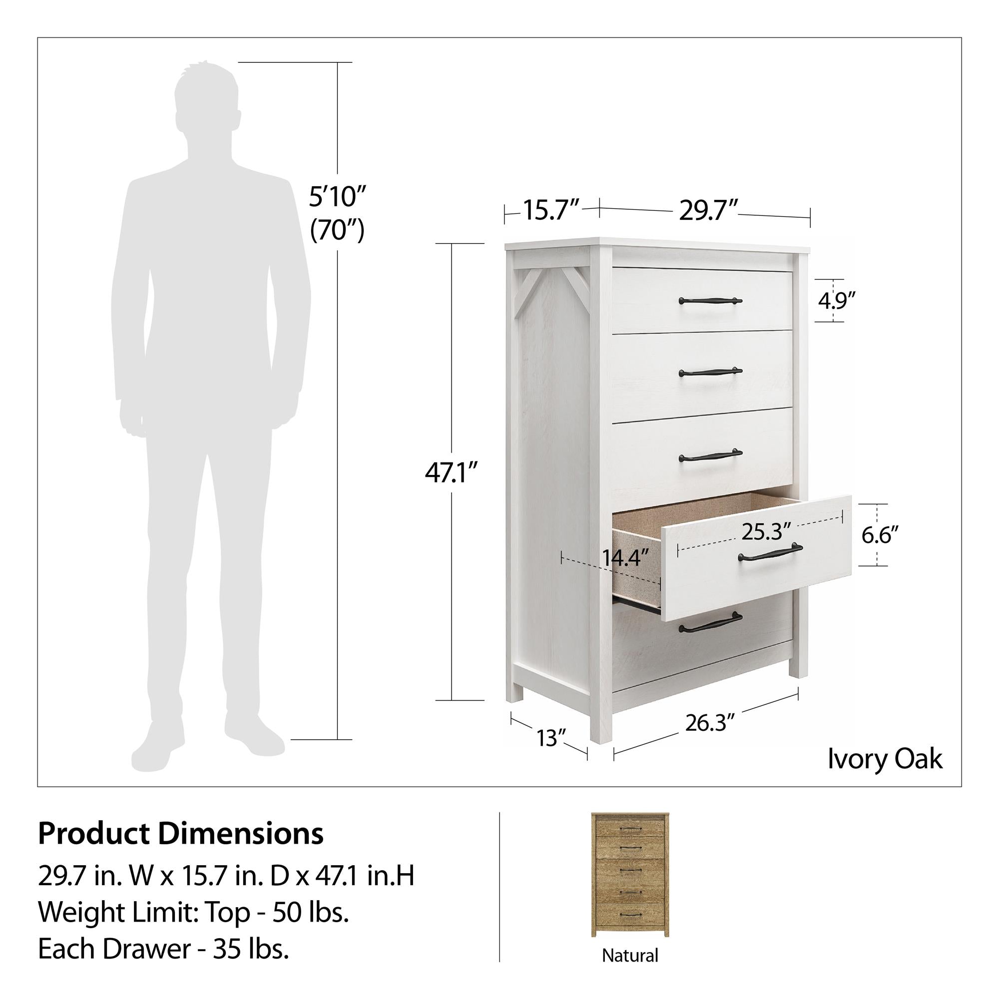 Ameriwood Home Abilene 5 Drawer Tall Dresser with Easy SwitchLock™ Assembly, Ivory Oak