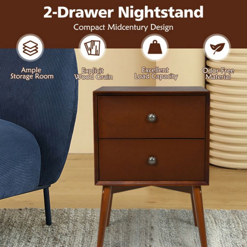 Nightstand Mid-Century End Side Table with 2 Drawers and Rubber Wood Legs-Brown