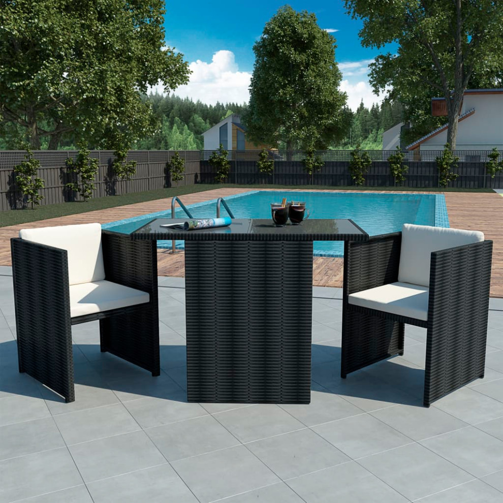 vidaXL Patio Bistro Set 3 Piece Wicker Chair with Cushions Poly Rattan Black   Tropical   Outdoor Dining Sets   by vidaXL LLC  Houzz