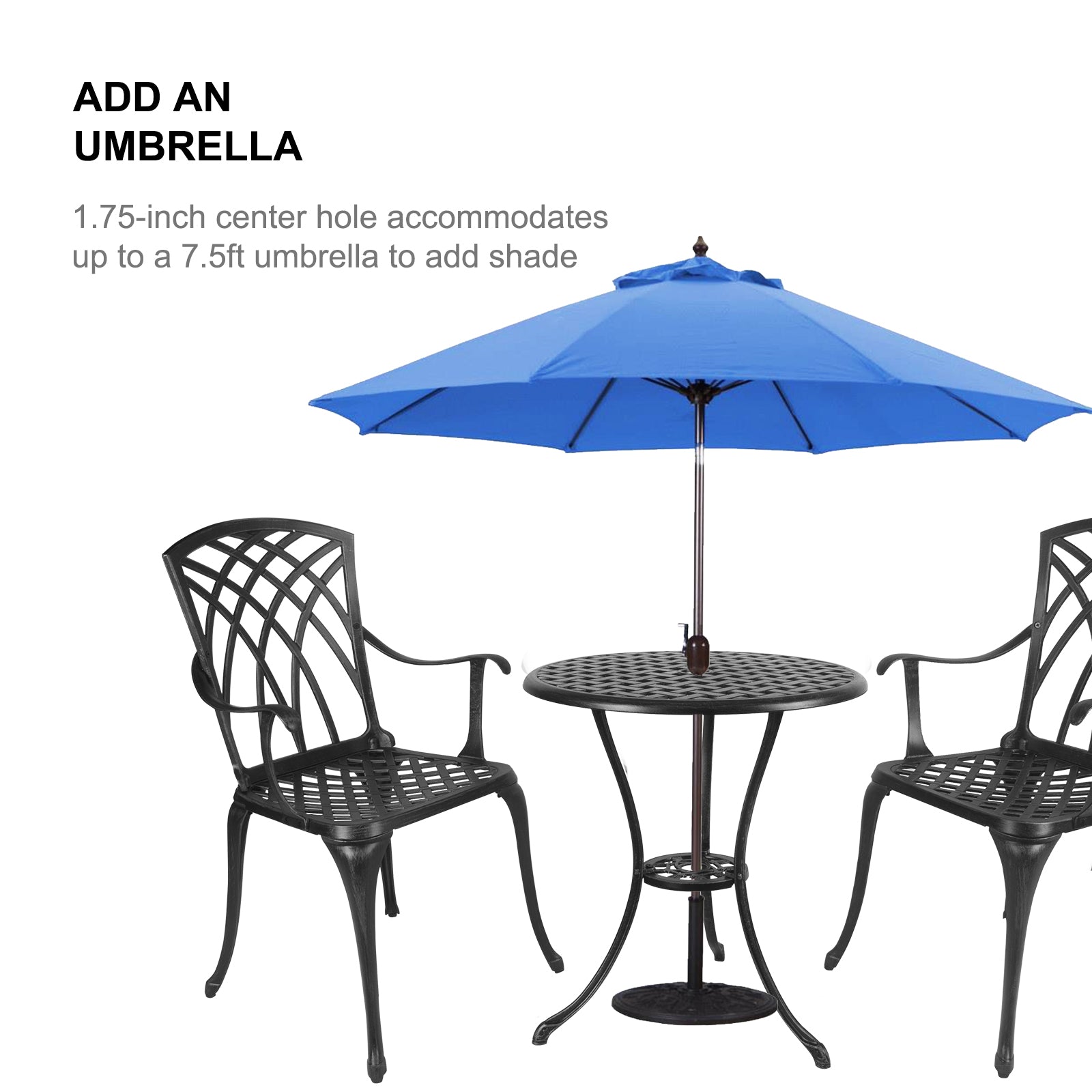 Polar Aurora 3 Piece Cast Aluminum Patio Bistro Set Table Outdoor Round Dining Armchair with Umbrella Hole for Porch， Lawn， Garden， Backyard， Pool， Black