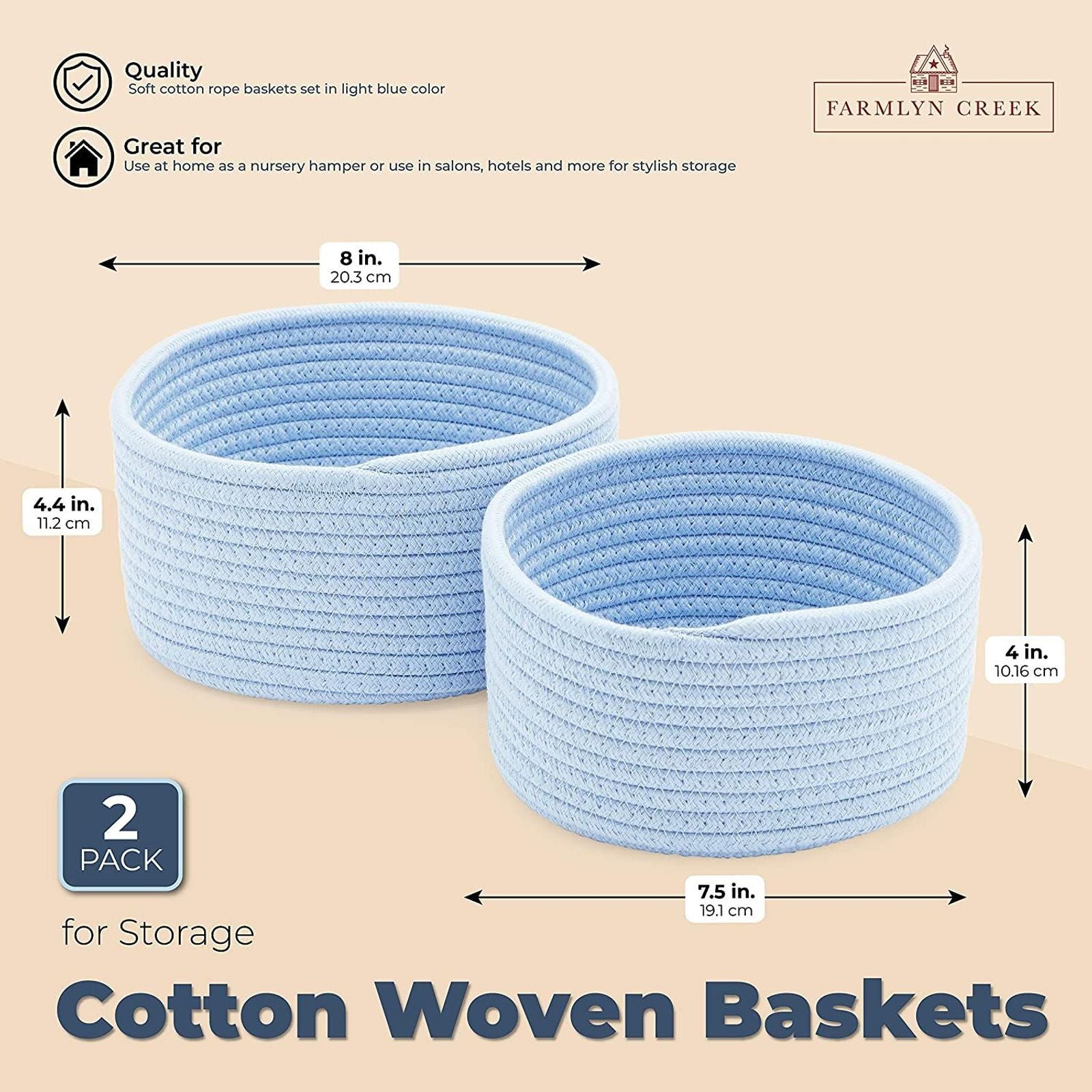 Set of 2 Cotton Rope Woven Baskets Storage Bins Organizer, Light Blue, 2 Sizes