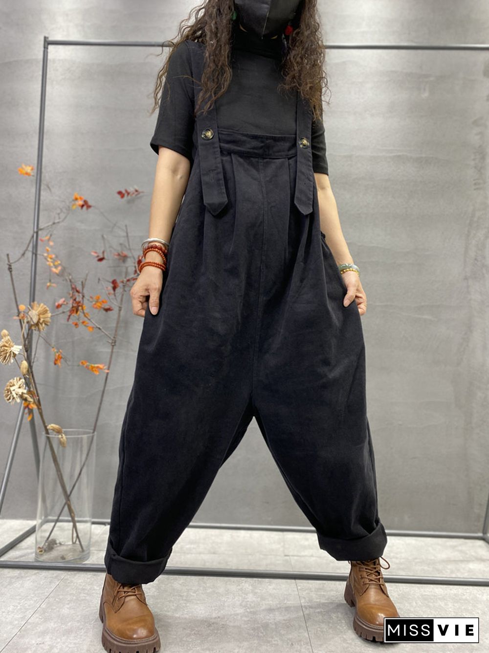 Plus Size Autumn Women Casual Solid Color Loose Jumpsuits