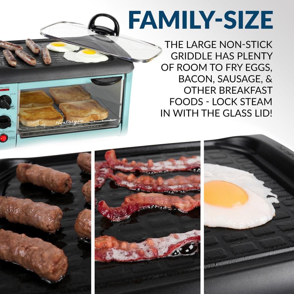 Nostalgia Retro 3in1 Aqua Electric Breakfast StationWith Non Stick Die Cast GrillGriddle4 Slice Toaster Oven and Coffee Maker