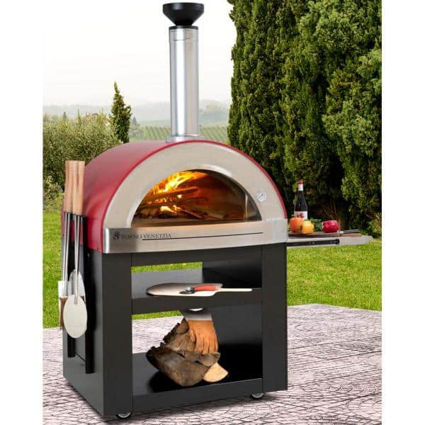 FORNO VENETZIA Torino 300 24 in. x 32 in. Wood Burning Oven with Cart in Red FVTOR300R