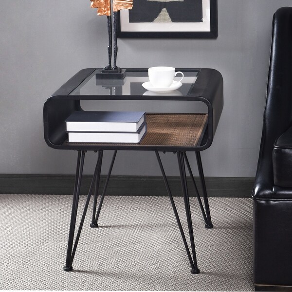 Aaron - Table - Graphite Metal， Clear Glass Top， Rattan Lower Shelf