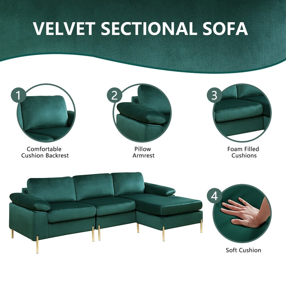 Modern Velvet Upholstered Sectional Sofa with Chaise and Metal Legs