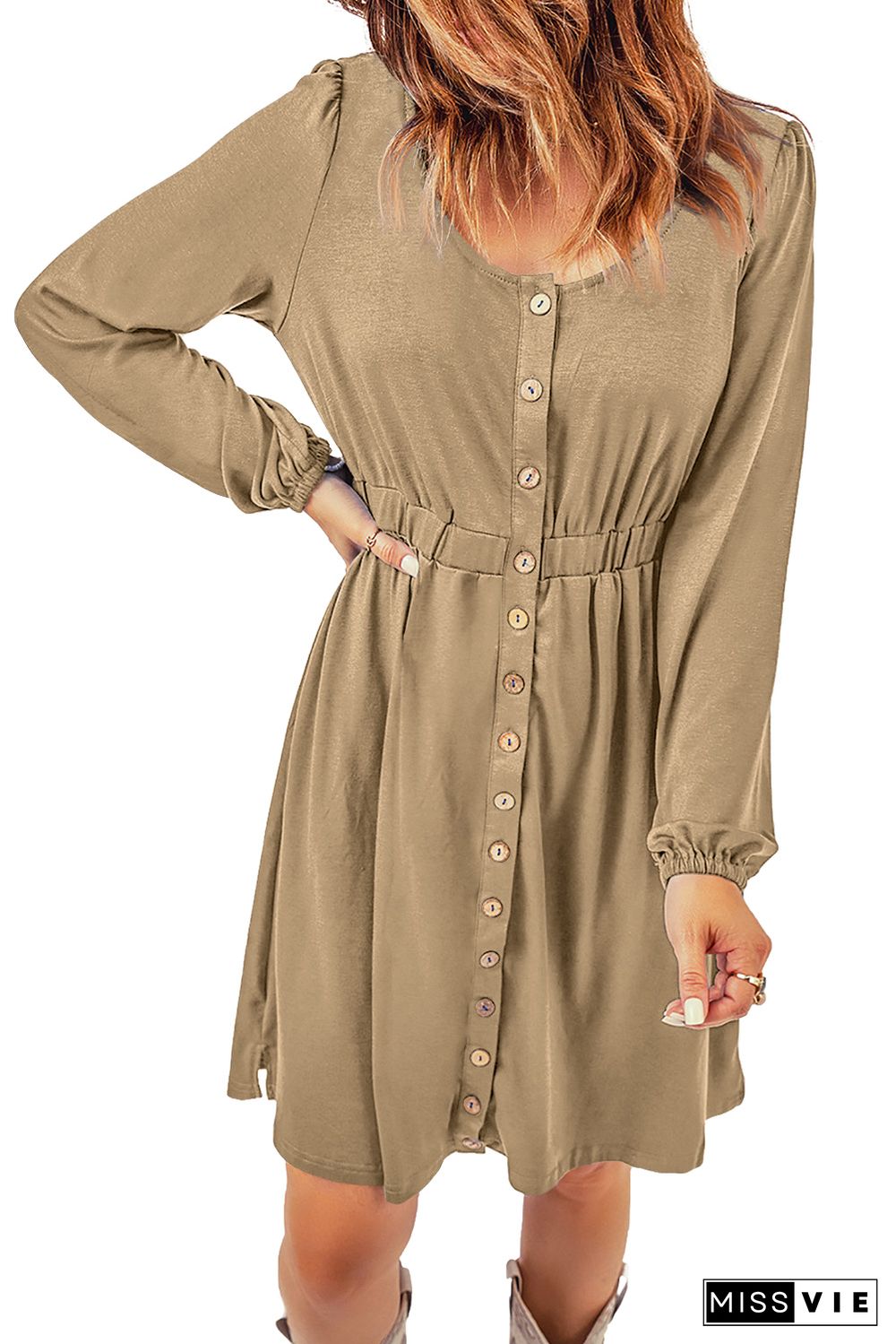 Khaki Button Up High Waist Long Sleeve Dress