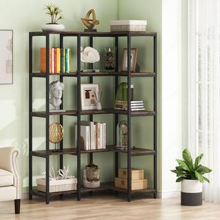 BYBLIGHT Eulas 40.5 in. W Rustic Brown 5-Shelf L-shaped Corner Bookcase with Open Storage BB-JW0242XL