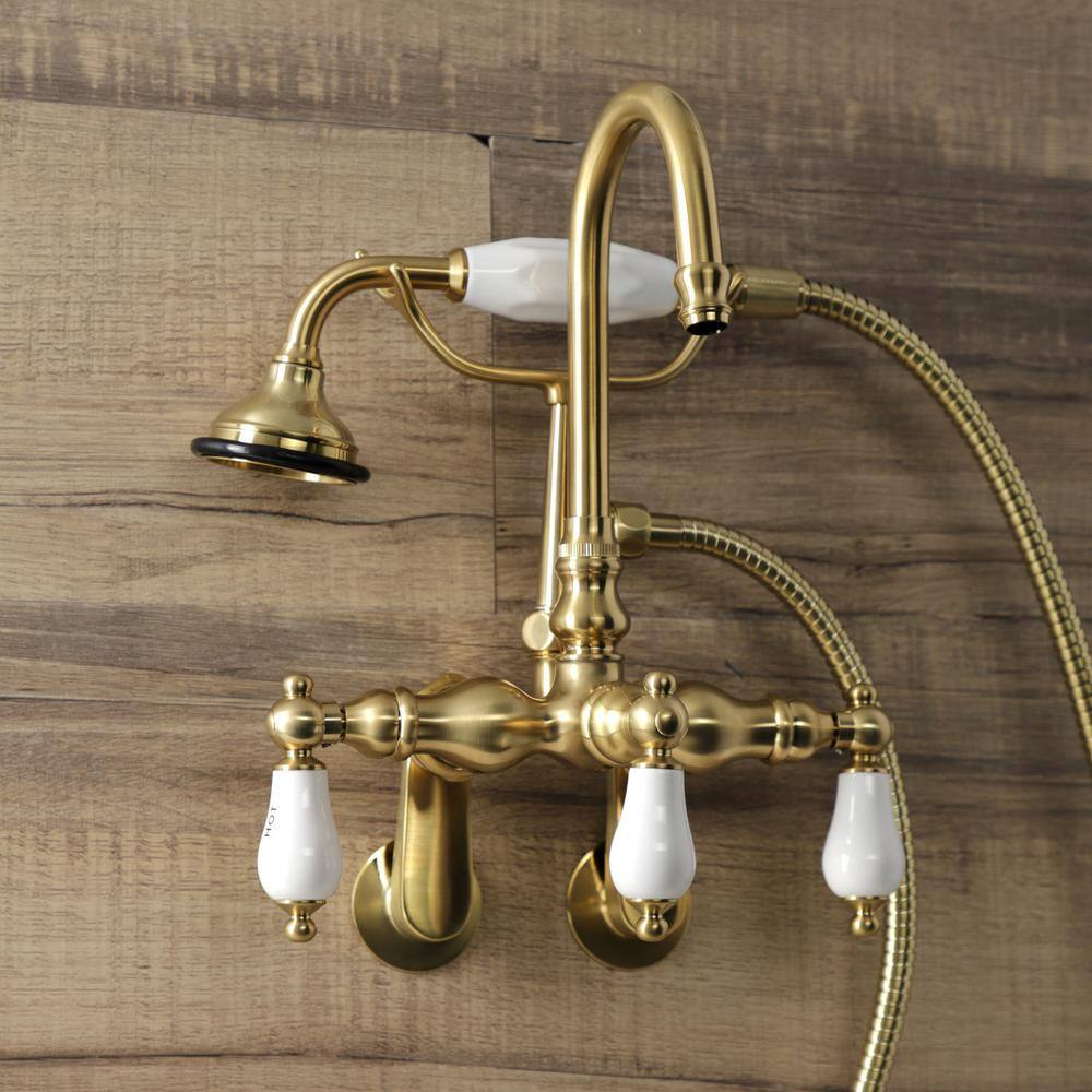 Kingston Brass Aqua Vintage 3-Handle Wall Mount Claw Foot Tub Faucets in Brushed Brass HAE303T7