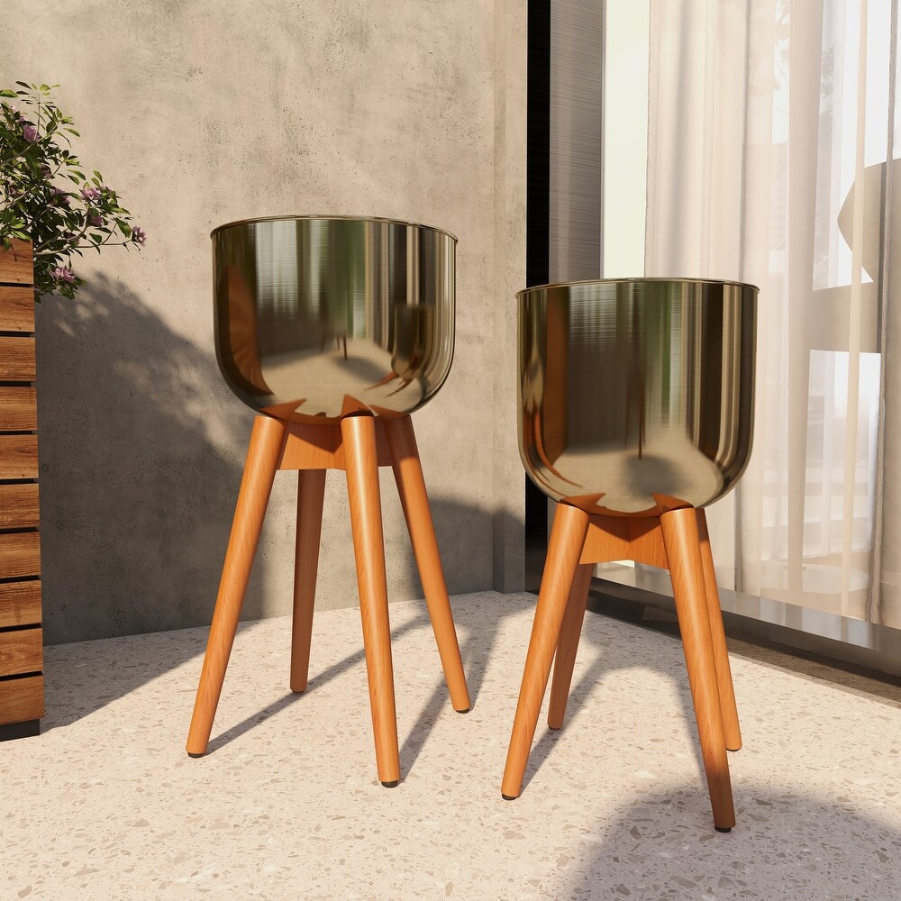 Gold Brushed Metal with Wood Legs Boho Contemporary Modern Planter (Set of 2)   13 x 13 x 24Round