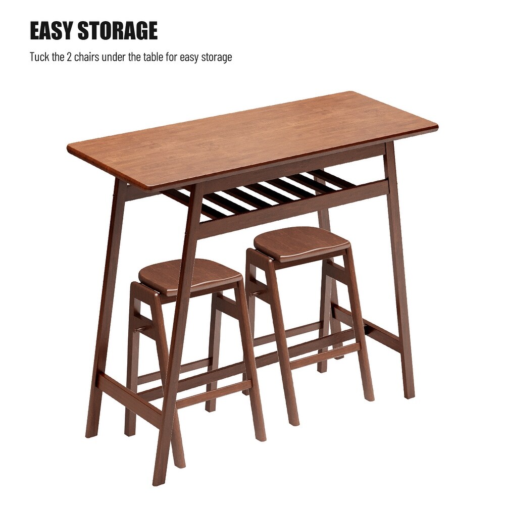 Rubber Wood Bar Table and Stackable Backless High Stool with Shelf and Hooks for Home Bar Small Space  3 Piece Pub Dining Set