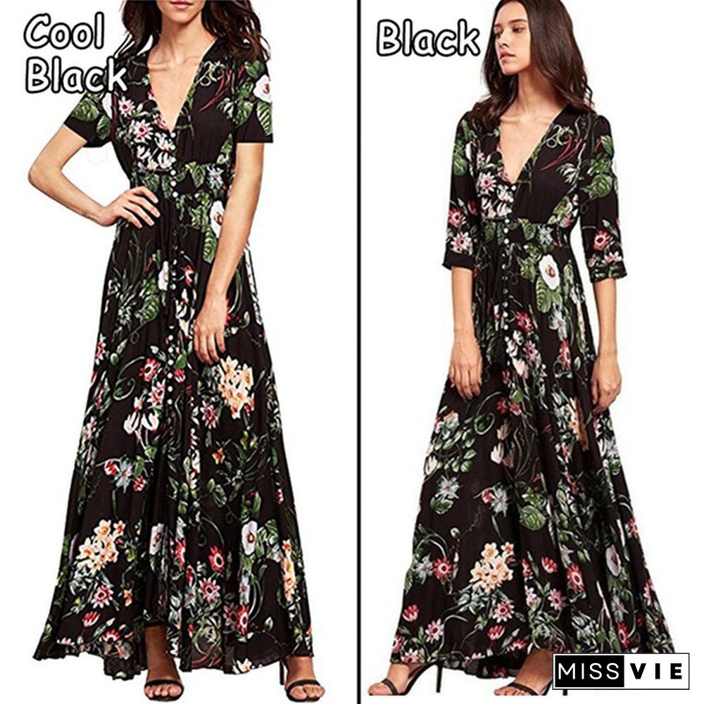 Fashion Bohemian Dress Womens V Neck Floral Print Big Swing Long Dress