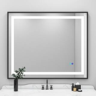 WOODSAM 48 in. W x 40 in. H Rectangular Alluminum Framed Anti-Fog LED Lighted Wall Bathroom Vanity Mirror in Matt Black LMR-06-4840-NB