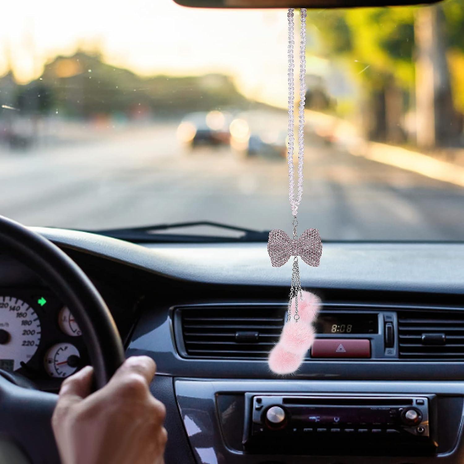 Bling Car Rear View Mirror Hanging Accessories， 2pcs Car Ornament With Rhinestone Bowknot And Plush Ball， Beads Car Rearview Mirror Pendant Charms (2p