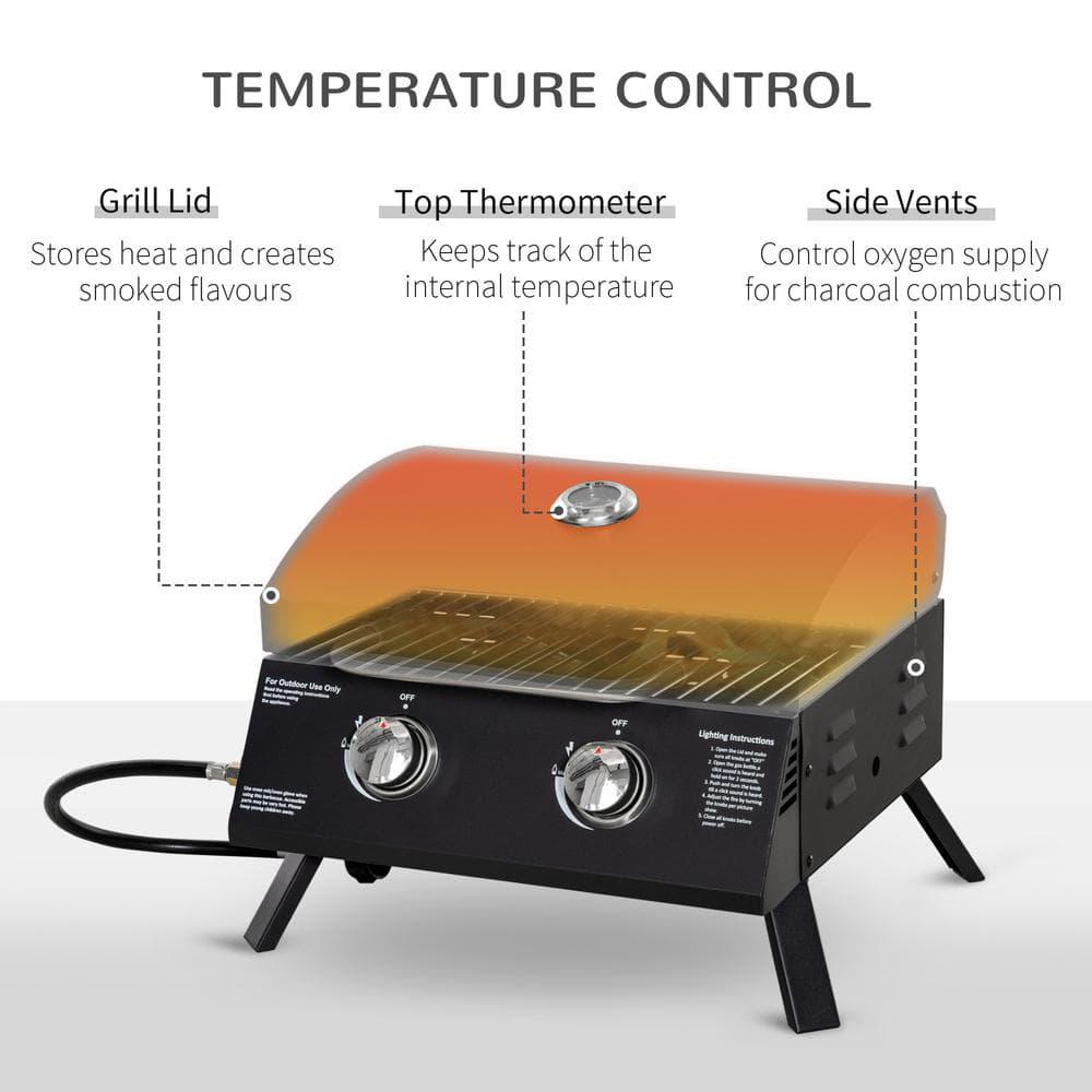 Outsunny Portable Propane Gas Grill in Black with Foldable Legs Lid Thermometer for Camping Picnic Backyard