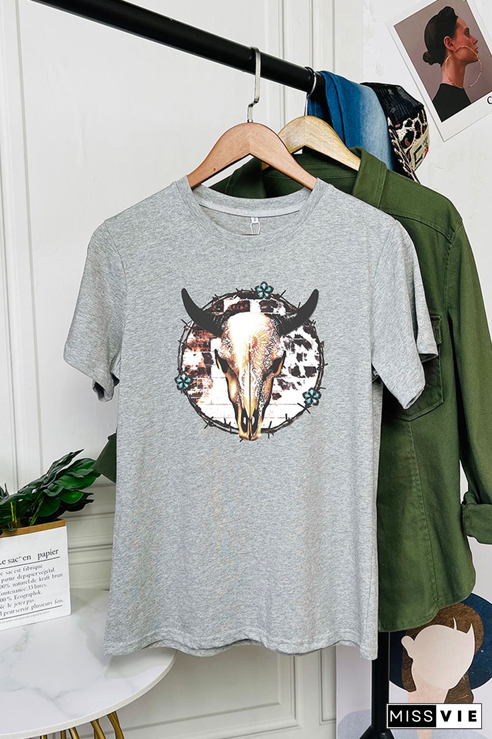 Bull Skull Barbed Wire Short Sleeve Graphic Tee Wholesale