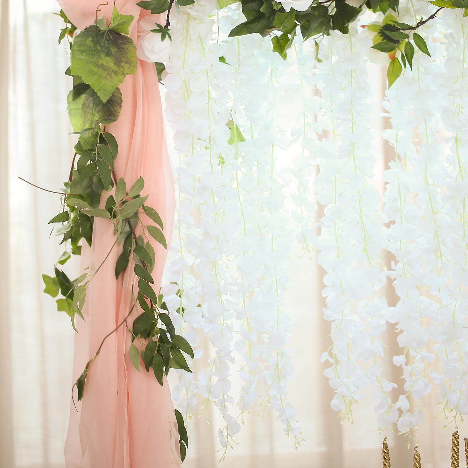 White Artificial Silk Hanging Wisteria Flower Garland Vines - Elaborated 5 Full Strands in 1 Bush 42