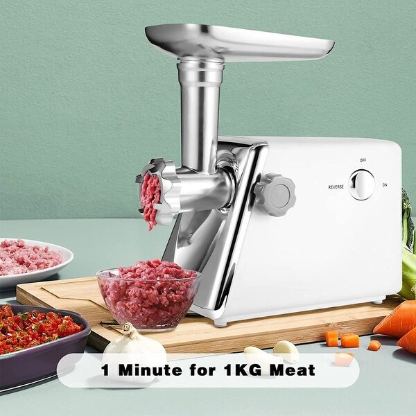 White Electric Meat Grinder with Sausage， 3 Grinder Plates， 600W Power