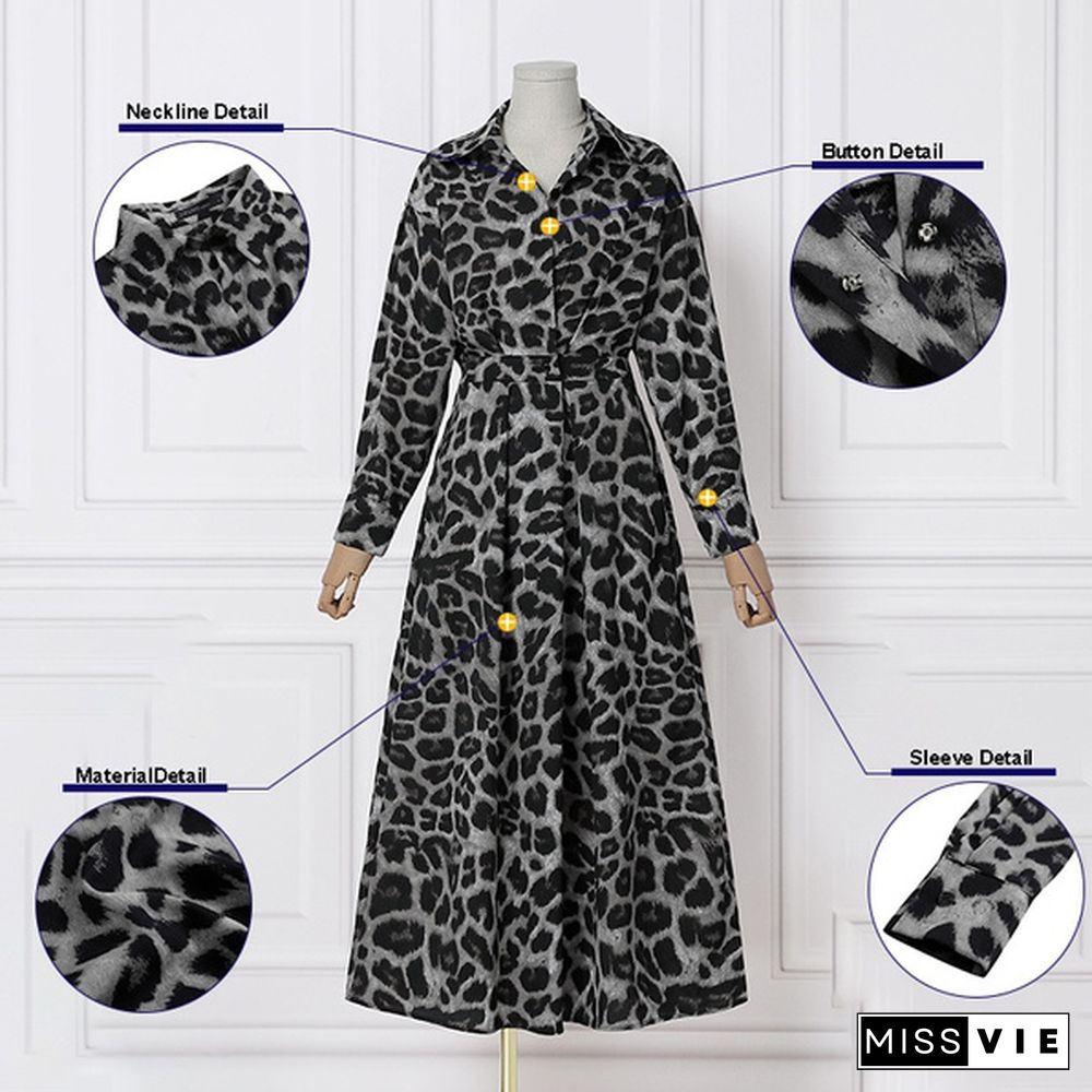 Women Bohemian Leopard Print Maxi Dress Elegant Full Sleeve Casual Swing Mid-Calf Length Sundress