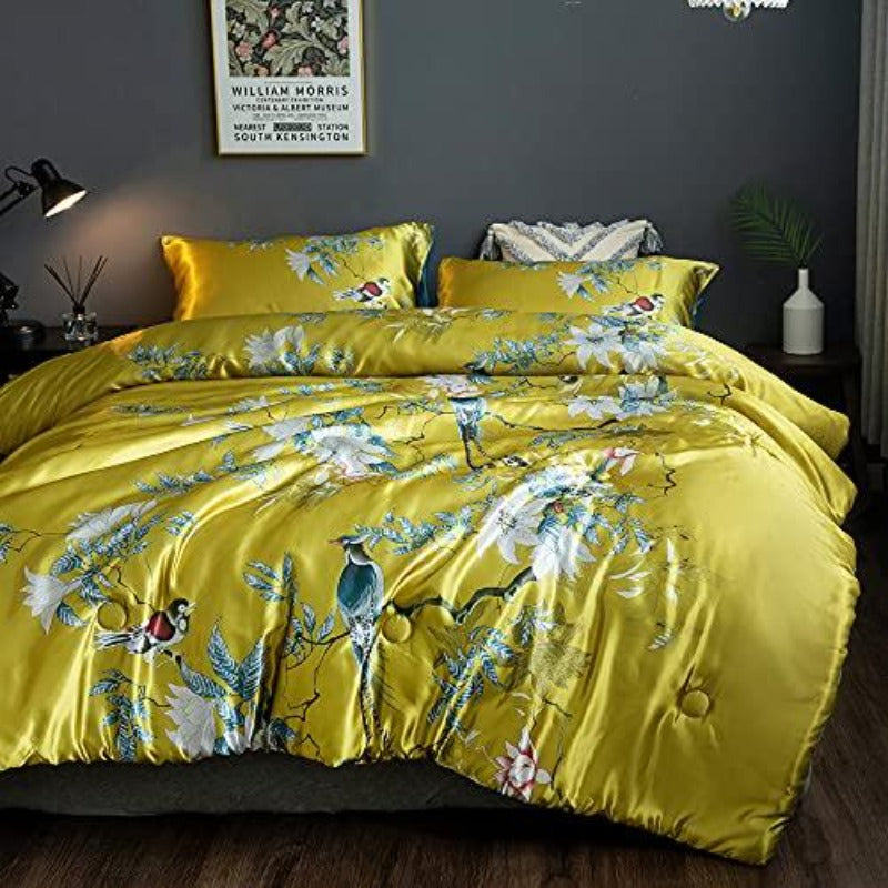 Floral Silky Satin Bird Flower Pattern Bedding Set Luxury Comforter Cover Set