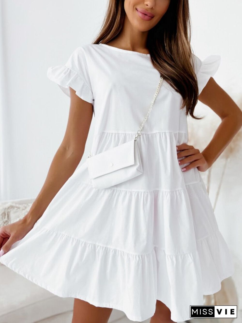 Fashion Simple Ruffles Loose Hem Dress Elegant Casual Solid Pleated A-Line Dress New Summer O Neck Short Sleeve Mini Party Dress