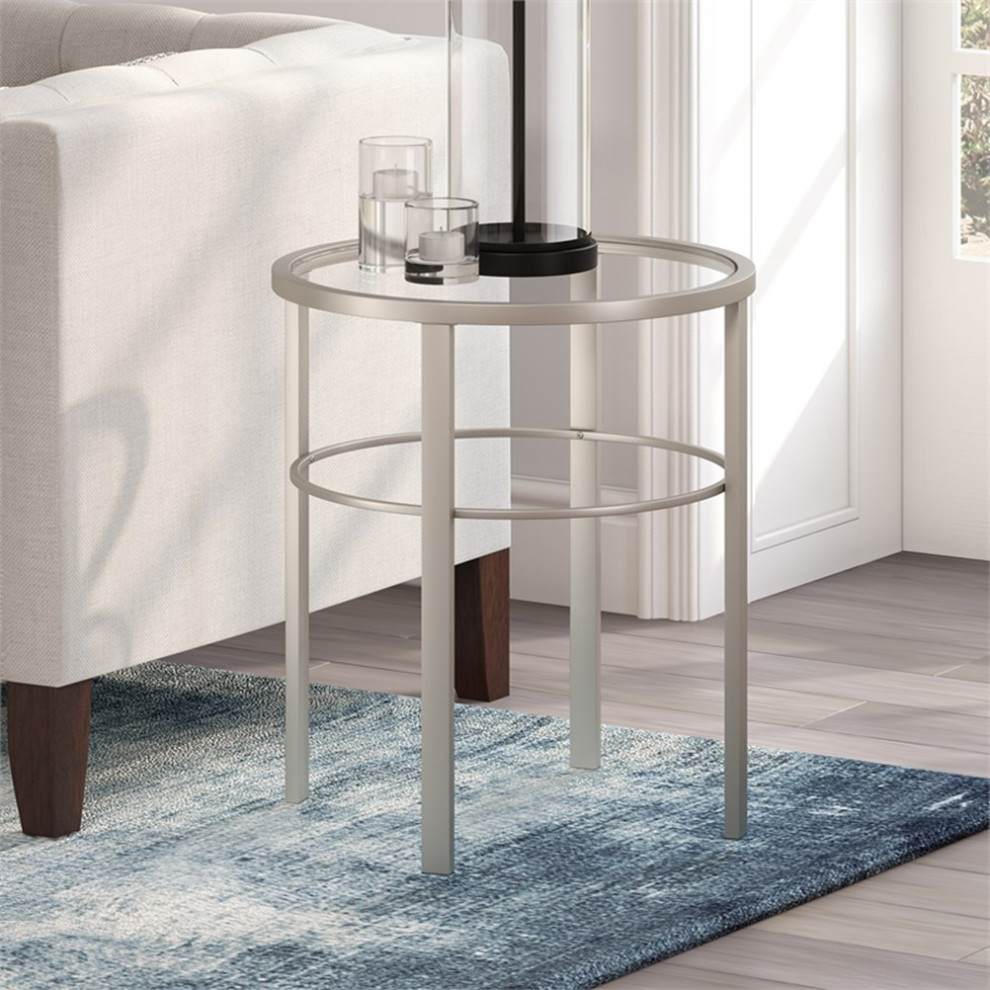 Pemberly Row Circle Side Table with Glass Top in Satin Nickel   Contemporary   Side Tables And End Tables   by Homesquare  Houzz