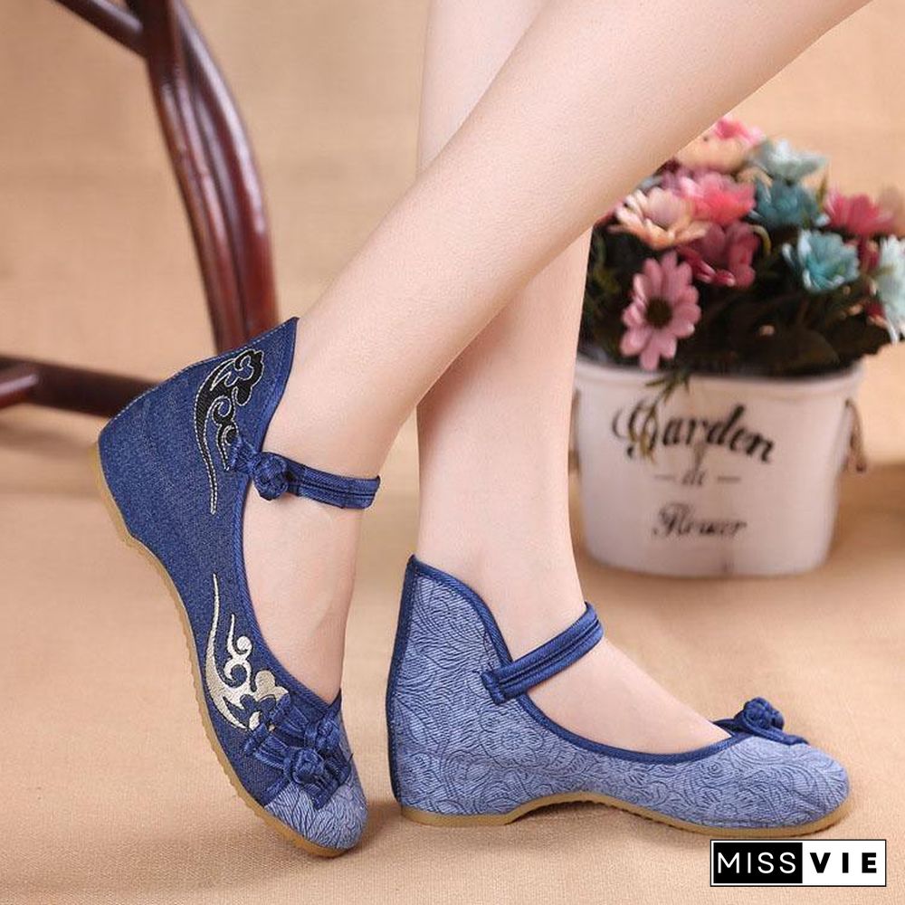 Women Buckle Strap Wedge High Wedge Heels Shoes Blue Oriental Cotton Fabric