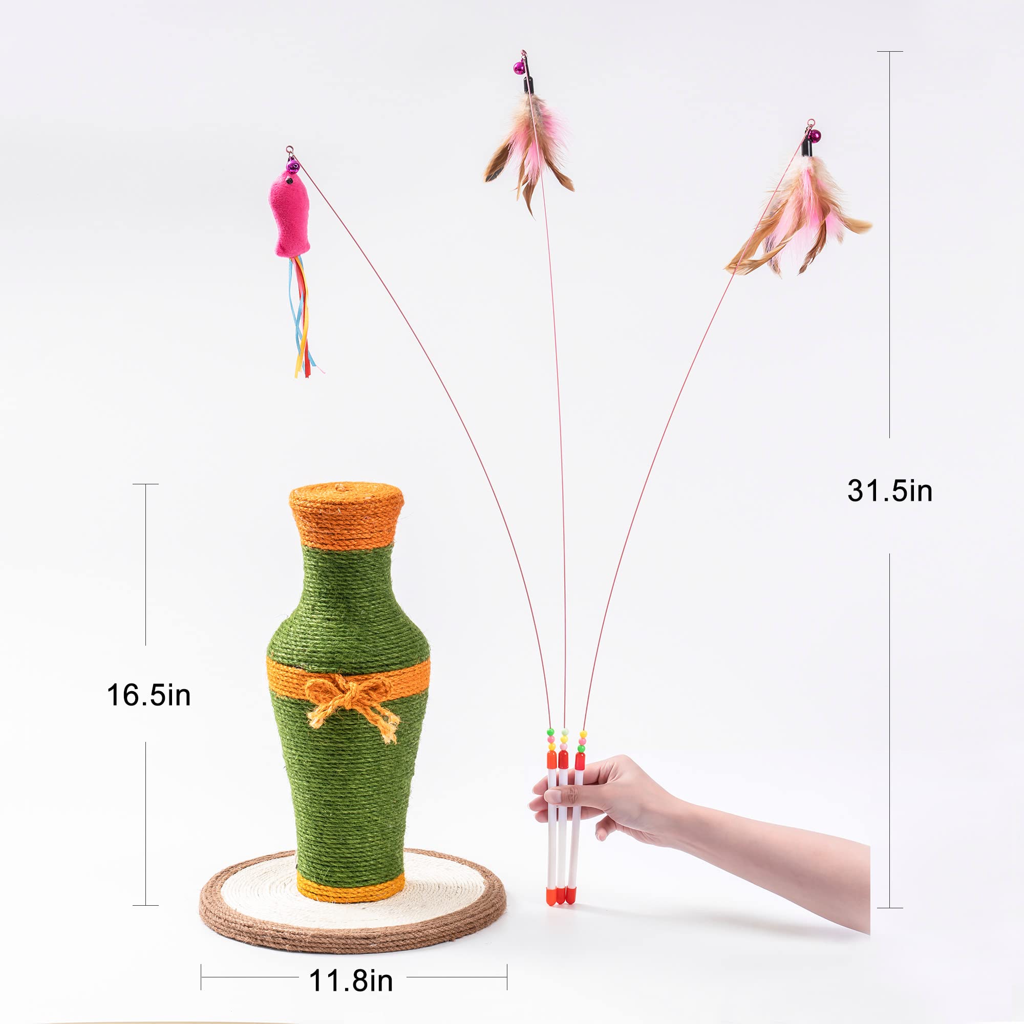 Cat Scratching Post with 3 Feather Toys， 2-in-1 Vintage Vase-shaped， Furniture Scratching Deterrent for Indoor Cats