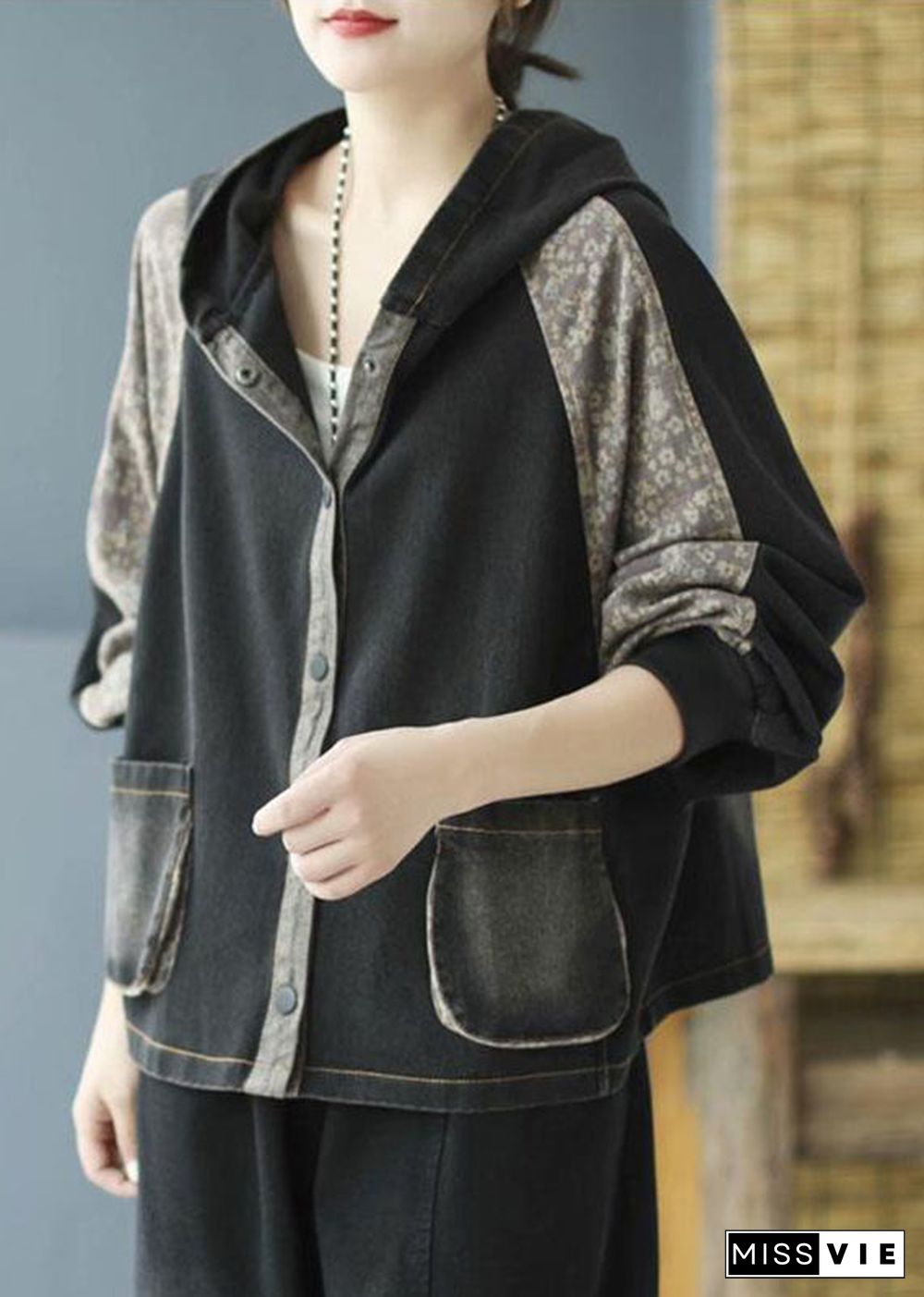 Black Print Button Hooded Denim Coat Long Sleeve