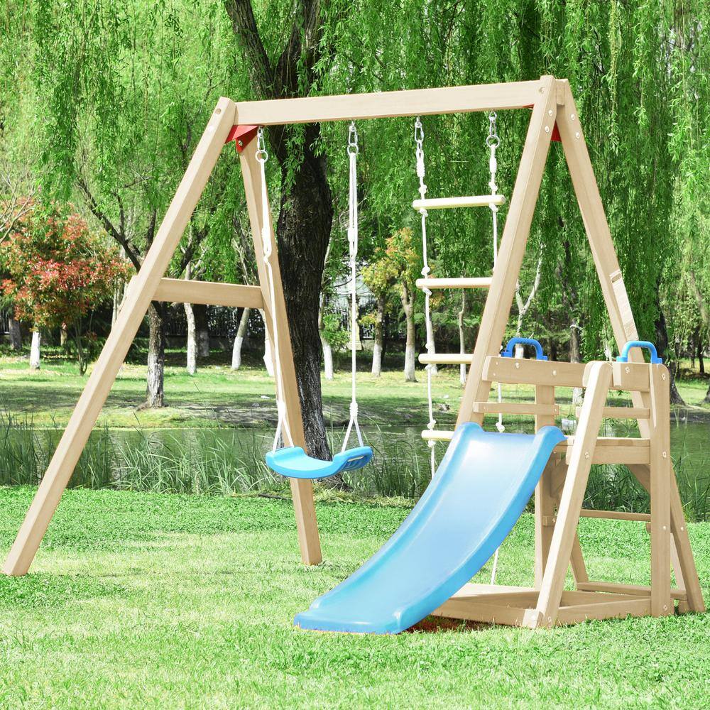 TIRAMISUBEST Outdoor Wooden Swing Set with Slide for Toddlers SWXY000062AAP