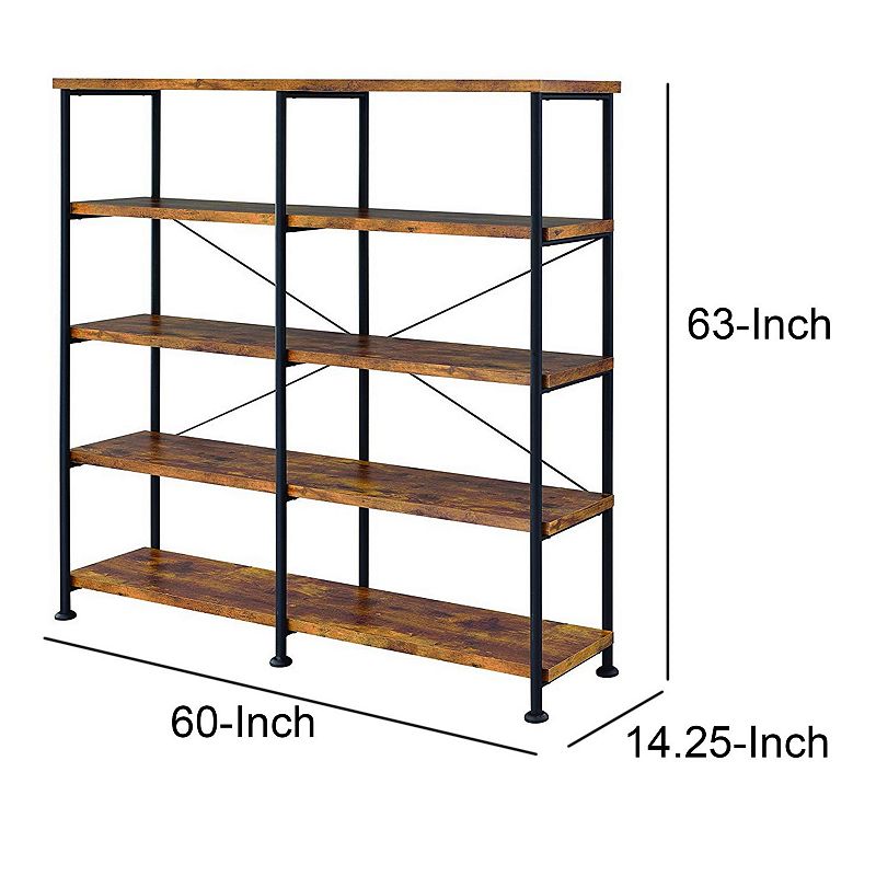 63 Inch Industrial 4 Tier Shelf Bookshelf， Particleboard， Metal Frame， Brown， Black