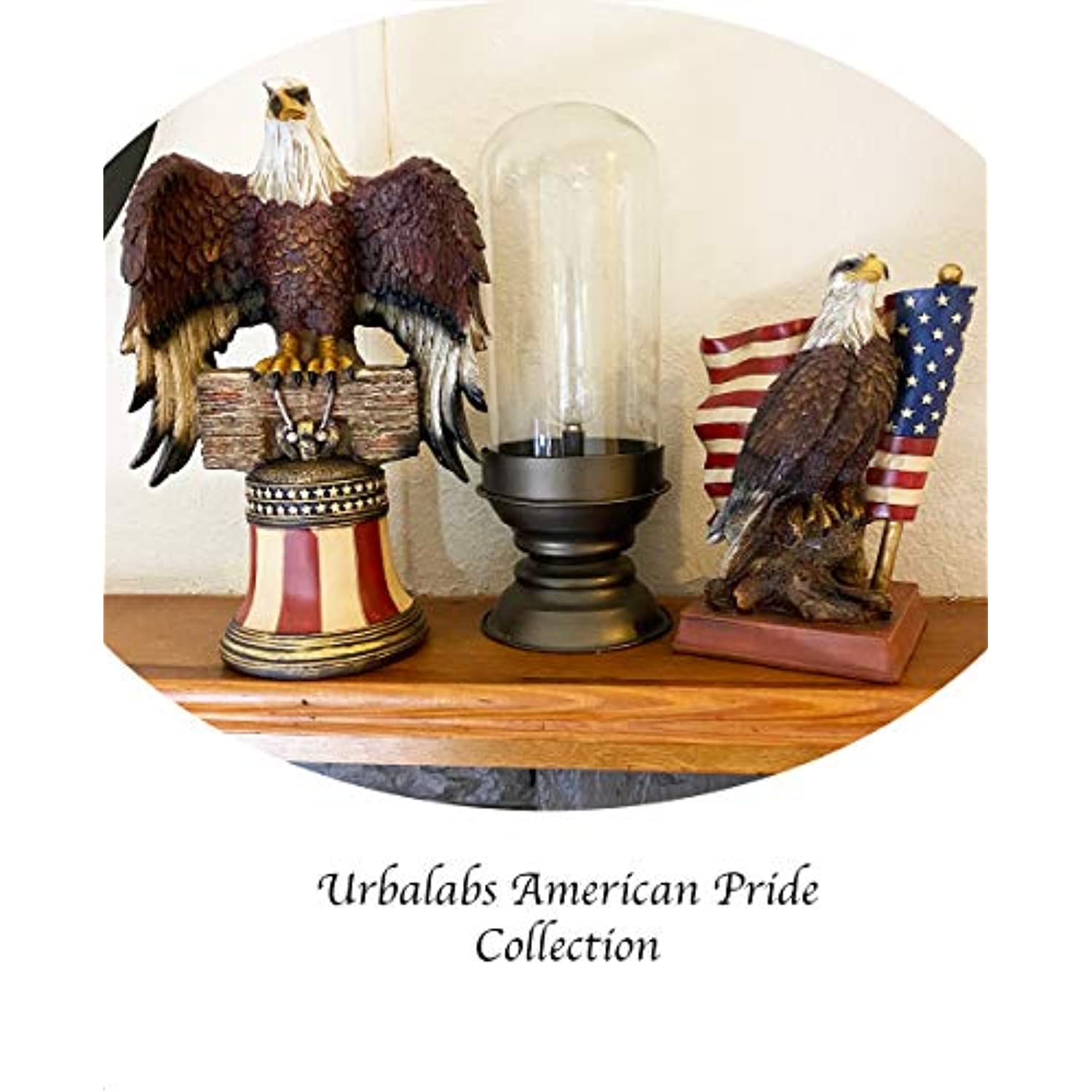 Urbalabs Bald Eagle with a USA Flag Patriotic Liberty Home Office Desk or Fireplace Mantle Statue for Patriotic Garden Dcor Hand Painted Freedom Flag Bald Eagle Statue