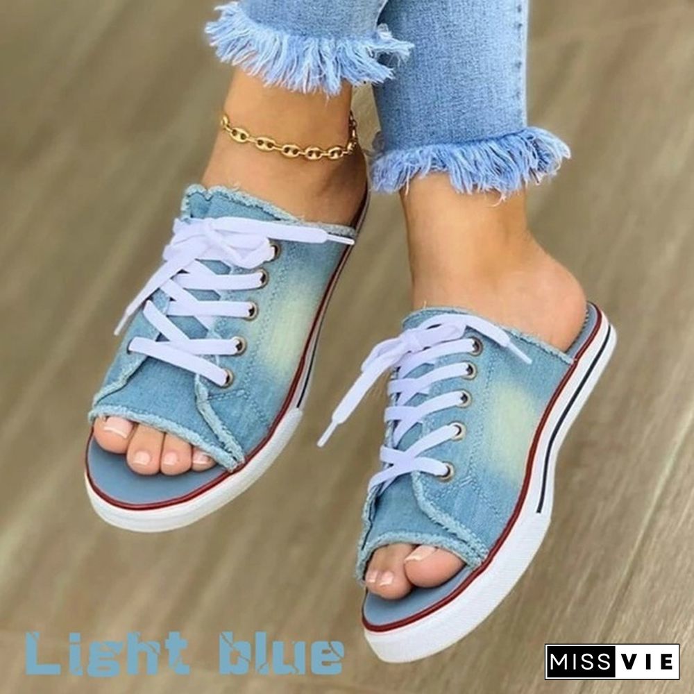 New Trending Women Canvas Shoes Flat Sneakers Denim Loafers Open Toe Sandals Ladies Casual Slippers Shoes Low Upper Sommerschuhe Damen Sandalias De Mujer