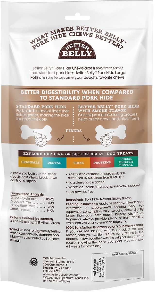 Better Belly Pork Hide Smoke Flavor Rolls Dogs Treats， Large， 3 Count