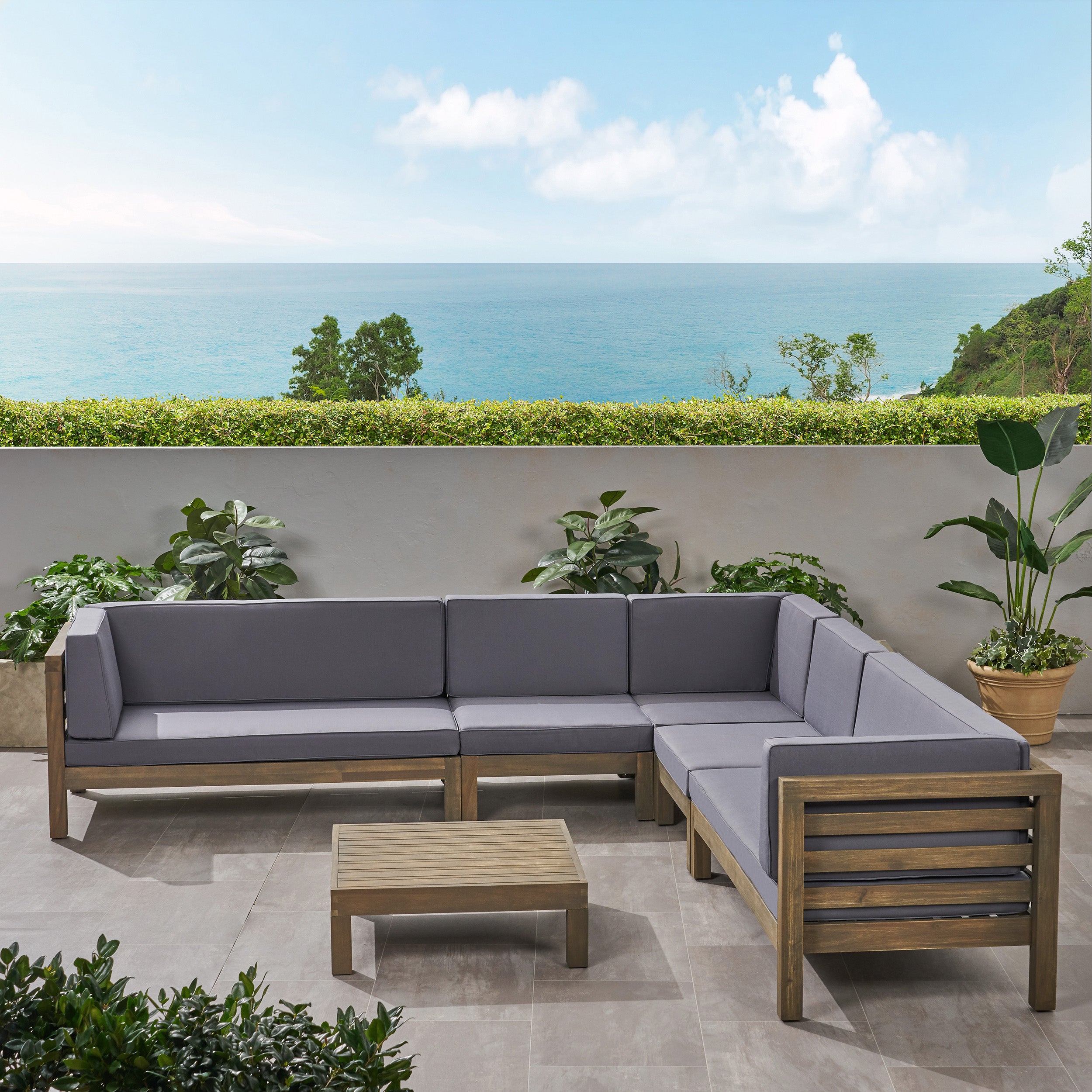 Emma Outdoor 7 Seater Acacia Wood Sectional Sofa Set