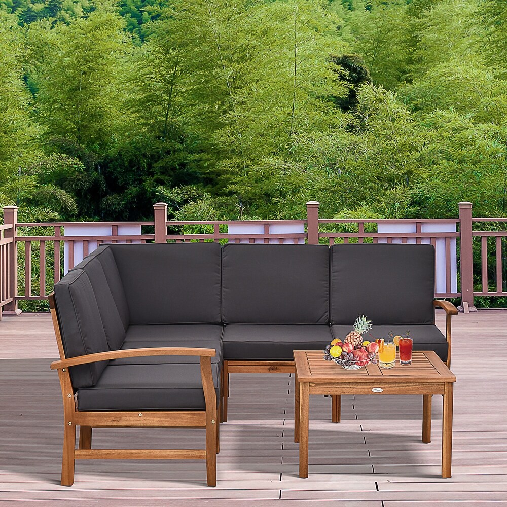 Outsunny 6 Piece Acacia Wood Sectional Sofa Outdoor Patio Furniture Set with Cushions Grey