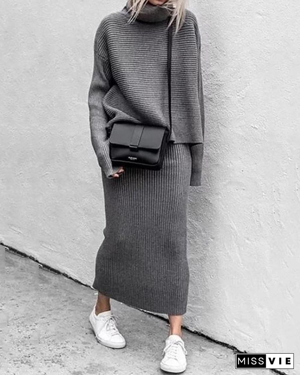 Fashion Solid Turtle Neck Sweater Skirt Set